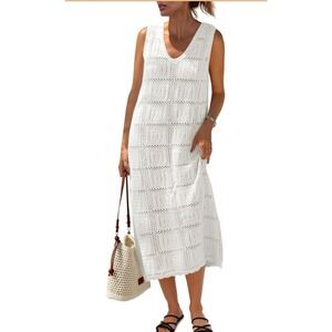 FISOEW Crochet Maxi Dress Coverup Women Large White NEW V-Neck Sleeveless Beach
